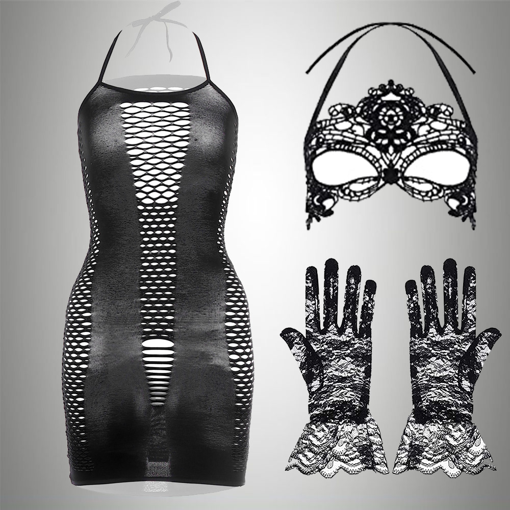Bodystocking Fishnet - Conjunto 3 em 1 de vestidos