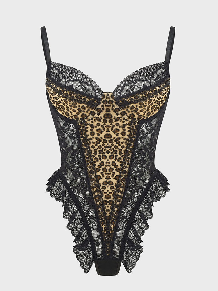 Shapewear Bodysuit Firm - Sexy renda leopardo padrão bodysuits vintage