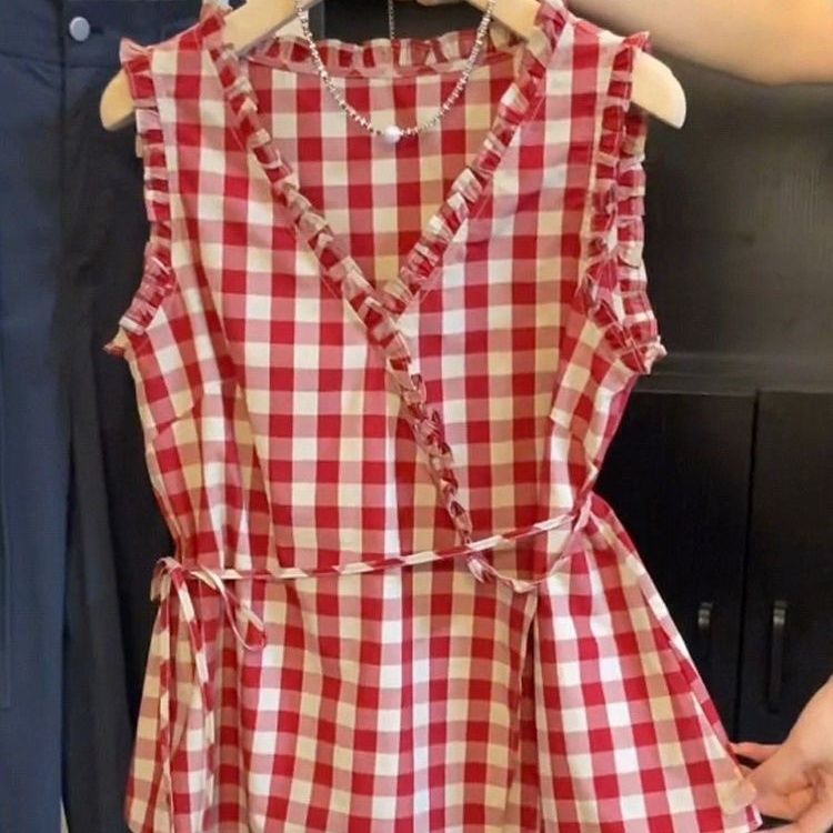 Corset Waist Cinch - Colete Feminino Retrô Xadrez Vermelho Sem