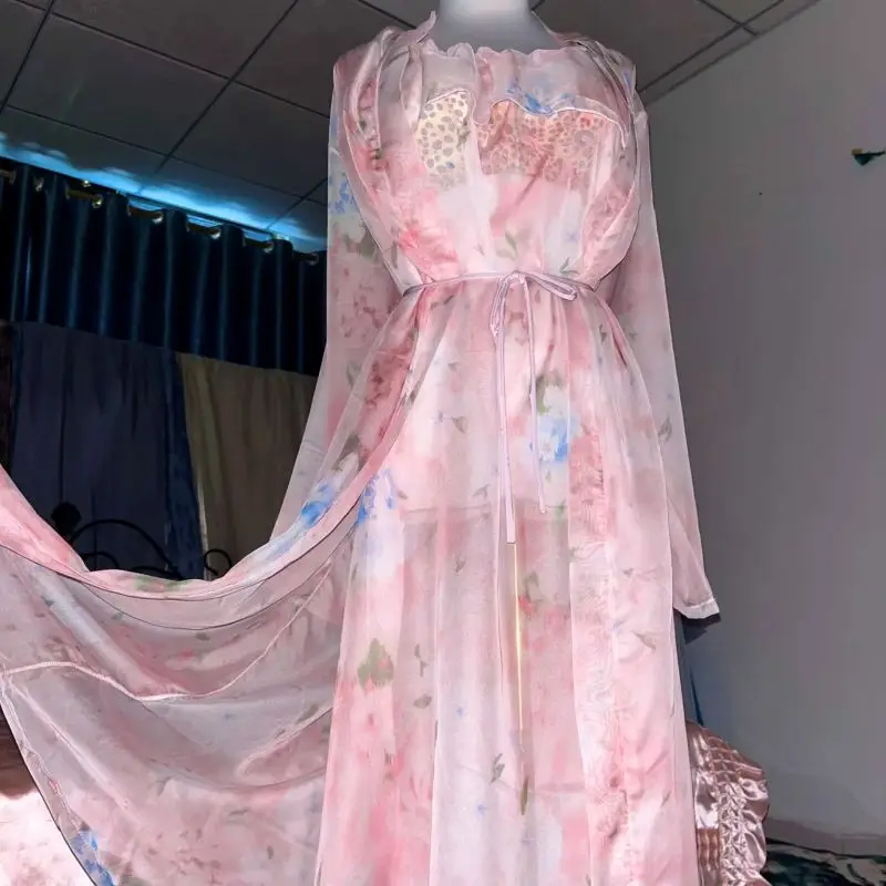 Robe Silk Women - Rosa de seda impressa ver através